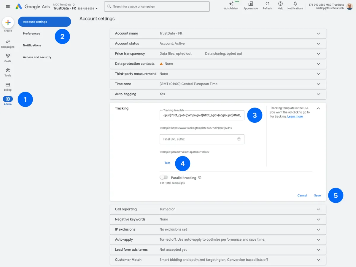 Google Ads - Account-level tracking template setup