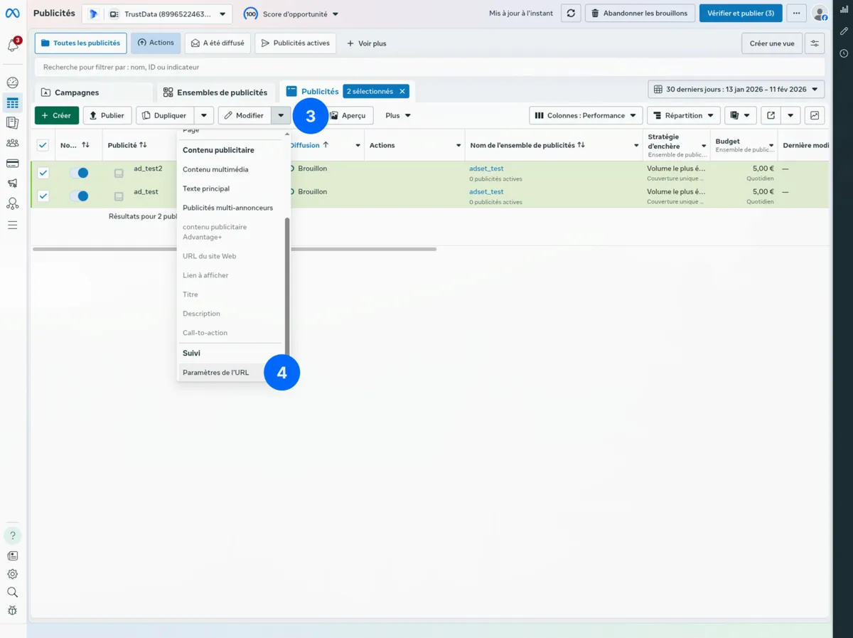 Meta Ads Manager - Edit URL parameters